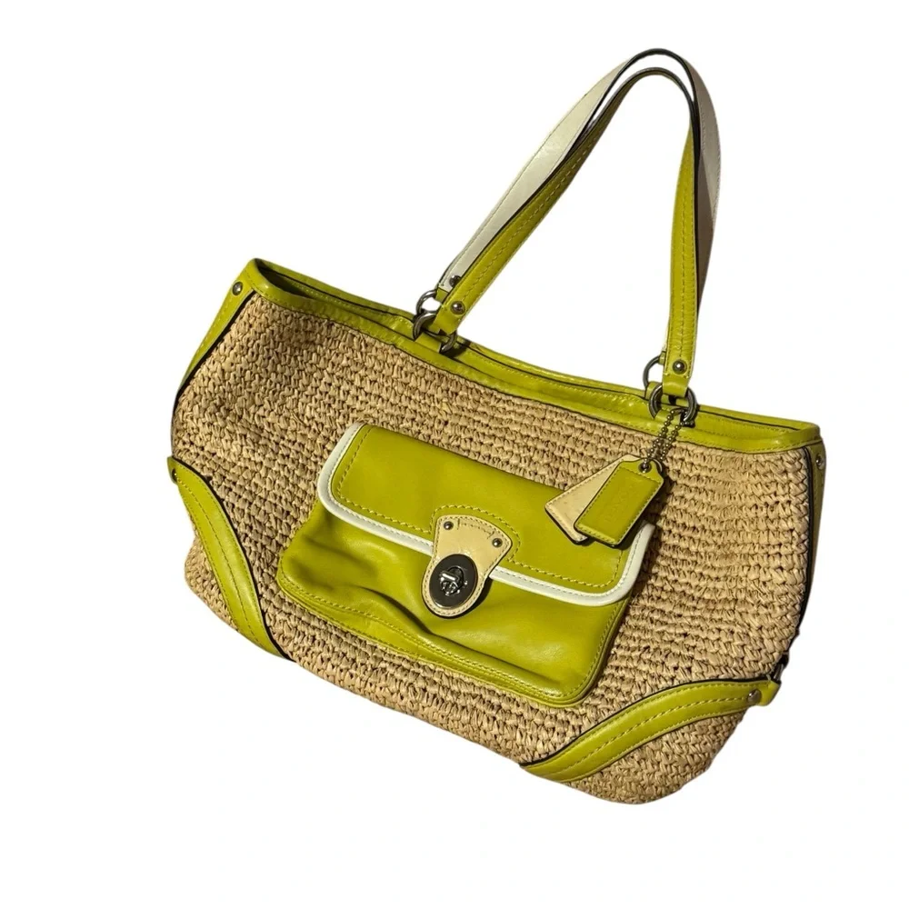 Vintage Coach Bag Lime Green Straw Satchel Shoulder Bag